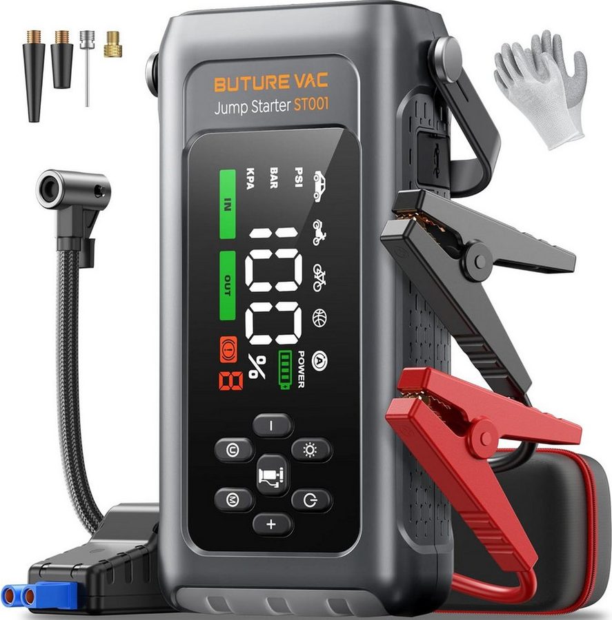 Buture 4-in-1 5000A Starthilfe Powerbank mit 150PSI Kompressor 16800mAh Starthilfegerät, 18 W Schnellladung, 500 Lumen Notbeleuchtung, Zwangsstart, Handschuhe von Buture