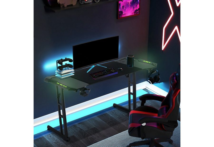 FIVMEN Computertisch Gamingtisch zusammengesetzte Tischplatte Gaming Schreibtisch, mit Getränkehalter Kopfhörerhaken Kabeldurchlass Z-förmiges von FIVMEN