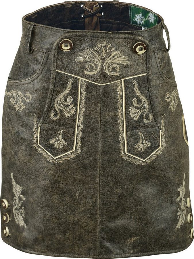 Fuente Leather Wears Trachtenrock Vintage Trachten Lederrock Damen, kurz, Nappa-Leder, rot schwarz antik Latz von Fuente Leather Wears