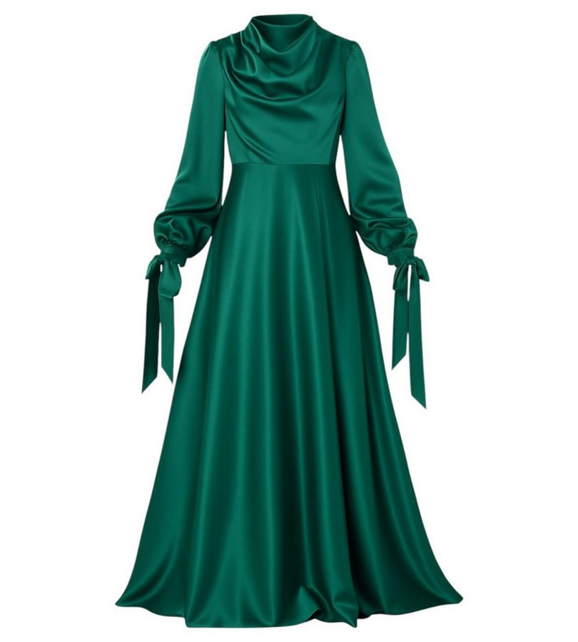 fashionshowcase Abendkleid Damen Maxikleid Satinkleid langarm Modest Fashion von fashionshowcase