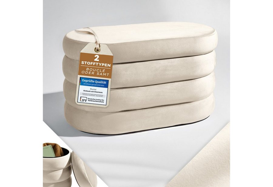Blumtal Sitzhocker Hocker mit Stauraum mit Bouclé oder Velvet-Bezug, robuste Sitztruhe mit Stauraum und extrem Dickes MDF von Blumtal