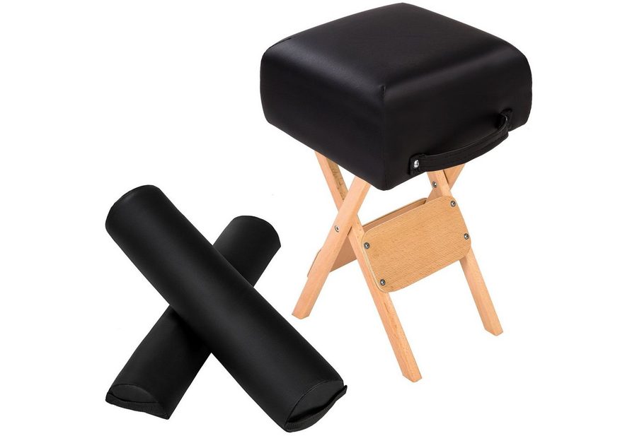 tectake Hocker Sitzschemel mit 2 Lagerungsrollen, klappbar, leicht zu reinigen (Arbeitssitz, in schwarz), Holz und Kunstleder, gut gepolstert, Tragegriffe, stabil und robust von TECTAKE
