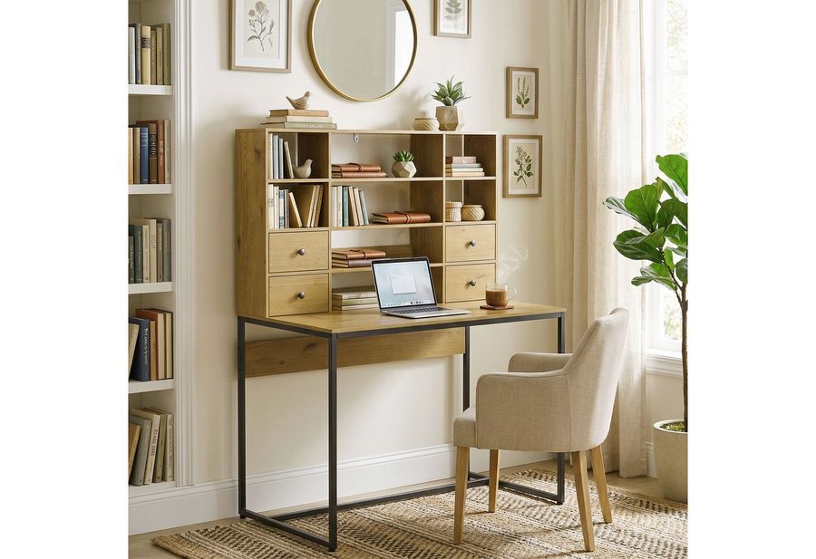 HOMCOM Schreibtisch Computertisch Arbeitstisch mit 4 Schubladen, Regalen (Bürotisch, 1-St., 1 Tisch), für Büro, Wohnzimmer, Natur von HOMCOM