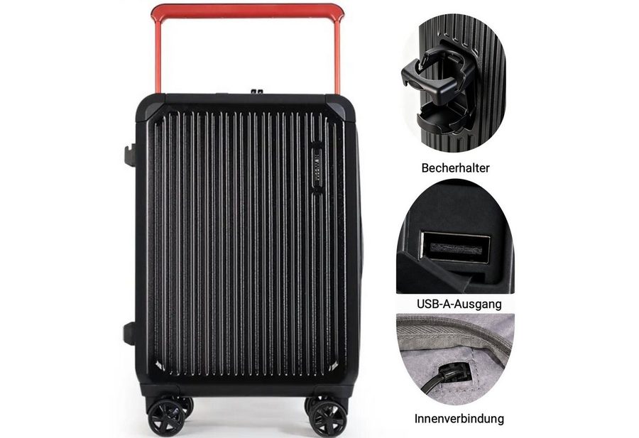 Super Solu Hartschalen-Trolley Handgepäck 55x38x24cm Koffer mit Breitgriff leicht & robust Premium, 4 Rollen, ABS+PC Reisekoffer mit TSA-Schloss & Becherhalter, Schwarz von Super Solu