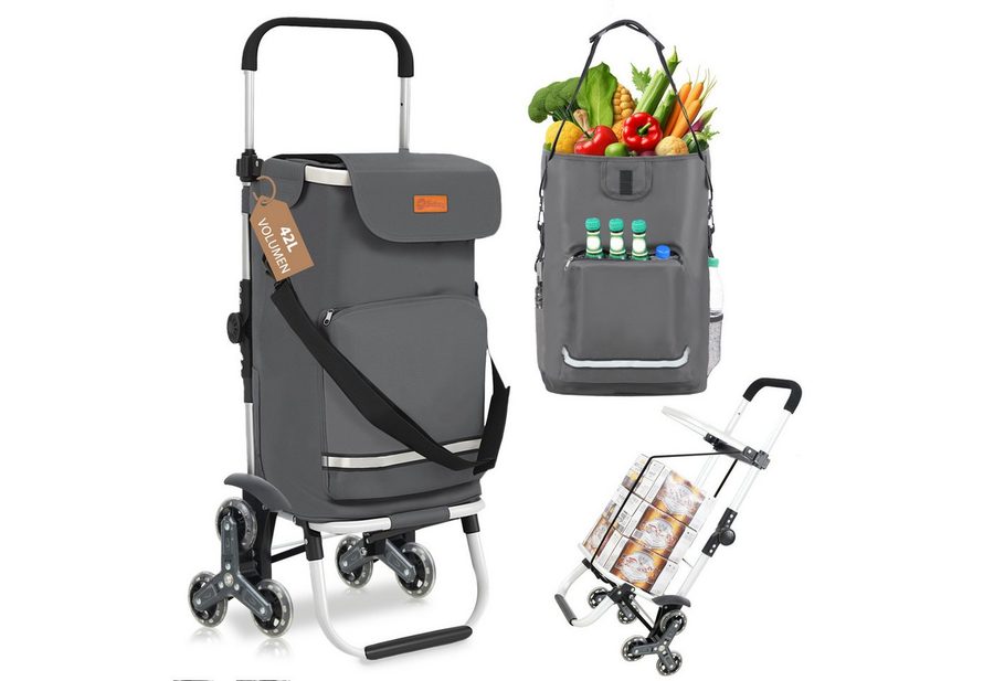 Sekey Einkaufstrolley Klappbarer Einkaufswagen mit Kühlfach, Treppensteiger Trolley 3 in 1, 42 l, Faltbarer Einkaufswagen inkl. Einkaufschip und Spanngurt von Sekey