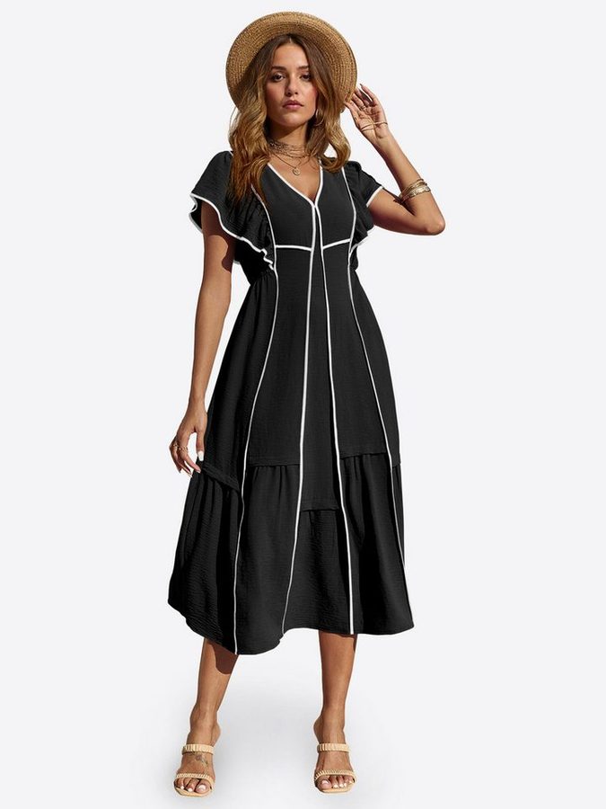 Imily Bela Maxikleid Damen Langkleid mit Rüschen im fließenden Stil (Packung, 1-tlg., 1per-Pack) kontrastfarben von Imily Bela