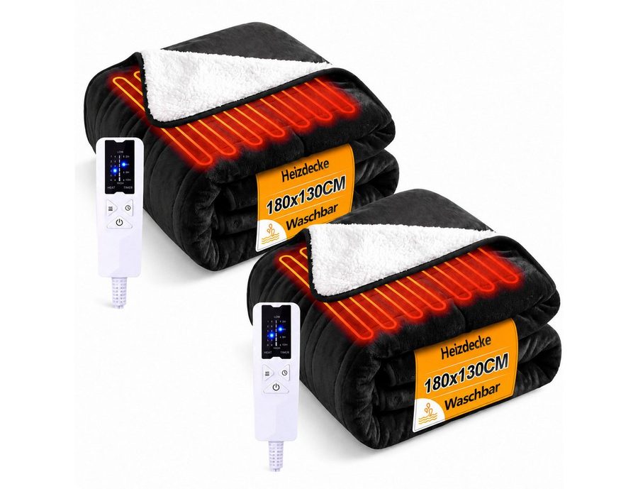 Nettlife Heizdecke Elektrisch Schwarz/Grau Überhitzungsschutz Waschbar Wärmedecke, für das Bett das Sofa und beim Camping( 200x180 cm/180x130cm) , 6-Stufen Heizung & Zeitschaltuhr Einfache Reinigung (30°C) von Nettlife