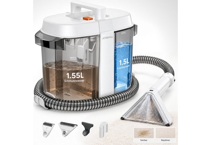 ATEROLL Teppichreinigungsgerät Polsterreiniger Gerät, 25 kPa, Selbstreinigung & 1,55L+1,5L Trenntank, 600 W, Beutellos, mit abnehmbarem Schmutzwassertank, Waschsauger für Sofa, Teppich, Autositze, Polsterreiniger 3in1 von ATEROLL