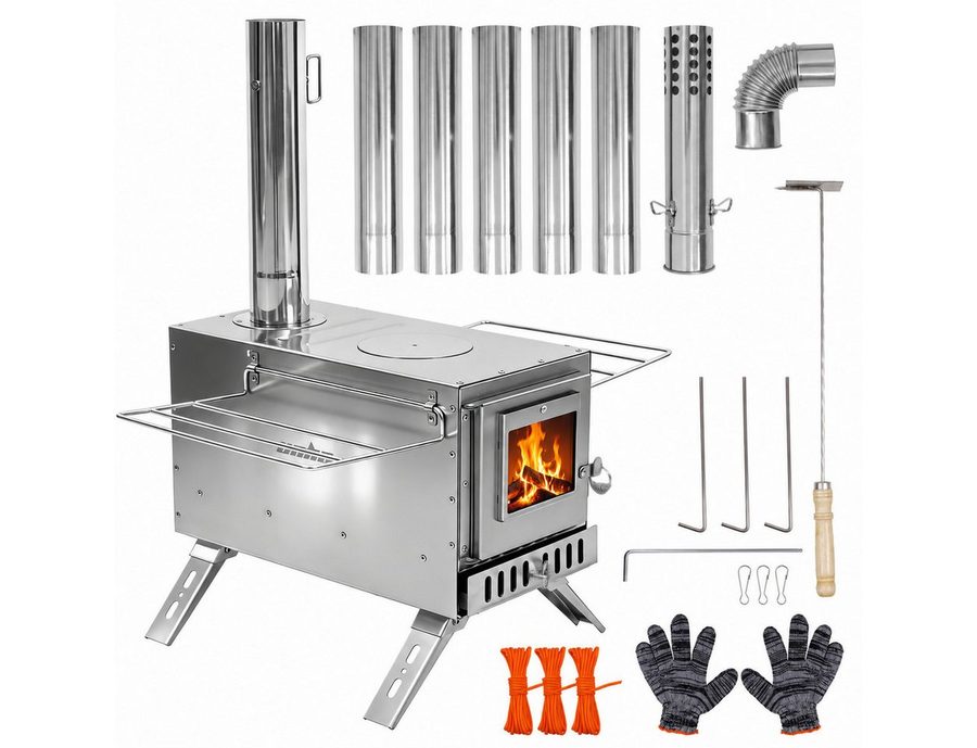 unho Feuerstelle Zeltofen zum Heizen und Kochen mit Sichtfenster, faltbar, regelbare Luftzufuhr, 6-teiliges Kaminsystem von unho