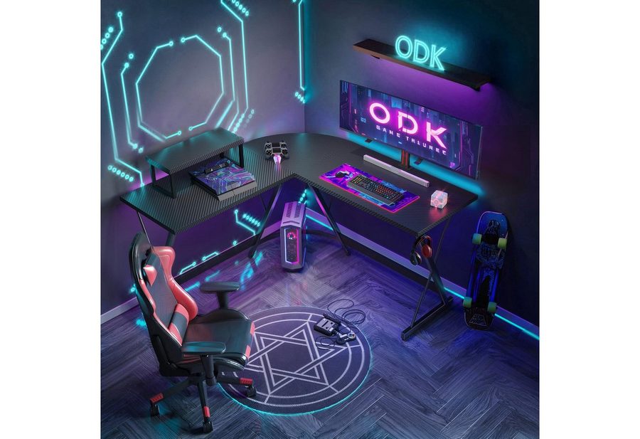 ODK Gamingtisch mit Monitor-Ständer & Kopfhörerhaken, L-Form Computertisch, 127cm (1-St), Kohlefaser-Oberfläche Schwarz Schreibtisch von ODK