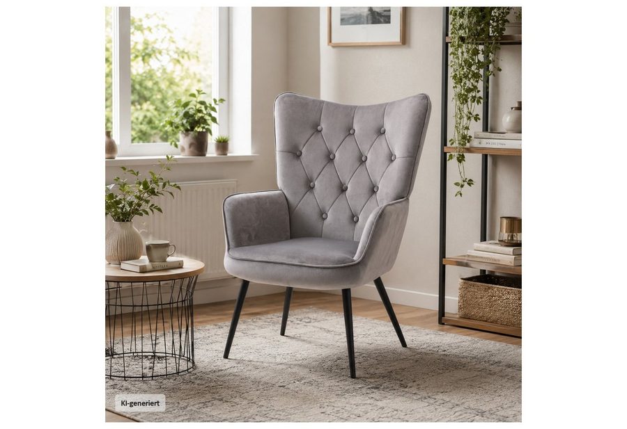 HTI-Living Loungesessel Ohrensessel Freya Velvet Grau (1 Stück, 1-St., 1 Sessel), Loungesessel mit samtiger Oberfläche und Armlehnen von HTI-Living
