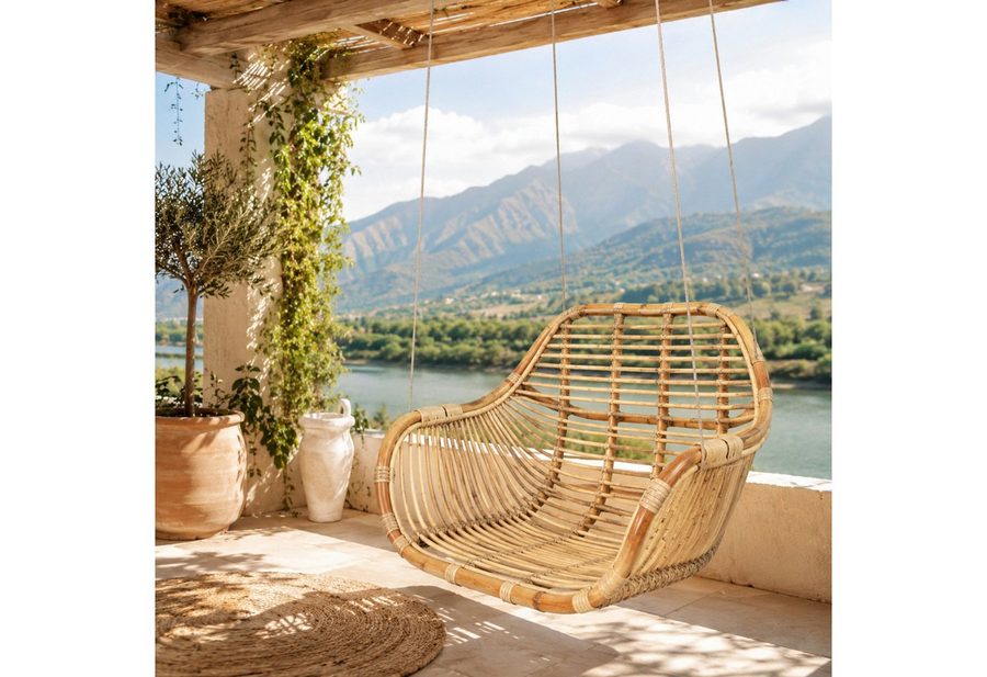 Van der Leeden Hängesessel Hängeschaukel Stuhl Rattan Hell Korb Braun 66x65 cm + Aufhängung (Stück, 1-St., Packung), Beige, mit Karabiner, Hängestuhl, Handmade von Van der Leeden