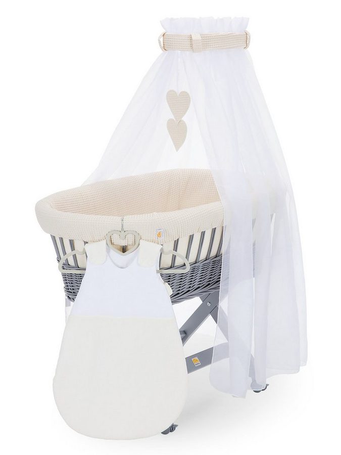 FabiMax Stubenwagen grau lackiert, Komplettset, Musselin & Waffelpiqué, Inkl. Matratze, Nestchen & Schlafsack von FabiMax