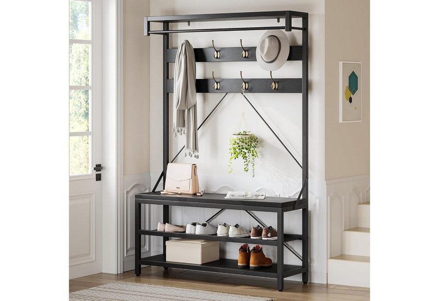 GarveeMore Garderobenständer 4-in-1 mit Sitzbank,3 Etagen Ablage und 8 Haken,183cm, mit Schuhbank,verstellbare Füße,Kleiderstange,101x40x183cm von GarveeMore