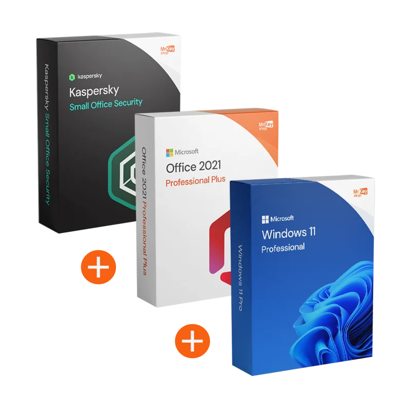 Windows 11 Pro + Office 2021 Pro Plus + Kaspersky Small Office Security BASE (5 Geräte / 1 Jahr) – Bundle von Microsoft