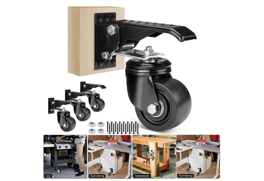 XERSEK Lenkrolle 4X 75mm Schwerlastrolle Transportrollen Absenkbar für Werkbank, (Absenkbar Lenkrollen Heberollen Industrierollen, bis 250 kg, für Werkbänke oder andere Geräte, Schwarz) von XERSEK
