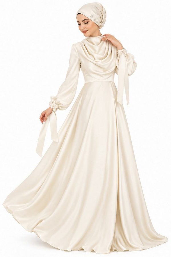 fashionshowcase Abendkleid Damen Maxikleid Satinkleid langarm Modest Fashion von fashionshowcase