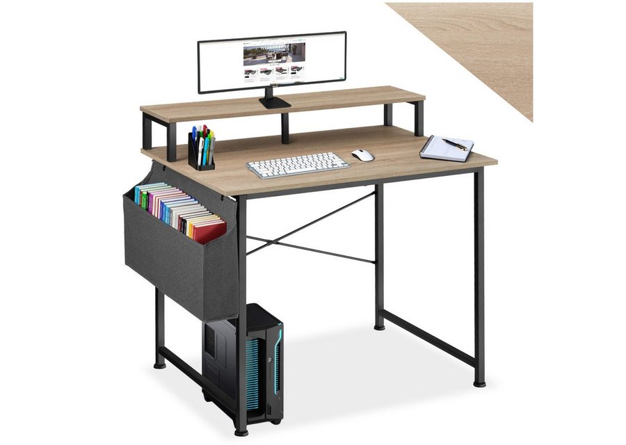 tectake Schreibtisch Bürotisch mit höhenverstellbaren Kunststofffüßen, 120 x 60 x 110 cm (Arbeitstisch mit Ablage Thornton, 1-St., in Industrial Holz hell, Eiche Sonoma), Holz und Stahl, mit Monitorständer und Aufbewahrungstasche von TECTAKE