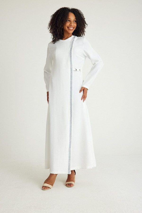 fashionshowcase Tunikakleid Damen Abaya Maxikleid 140cm mit Schmuckborte Modest elegant von fashionshowcase