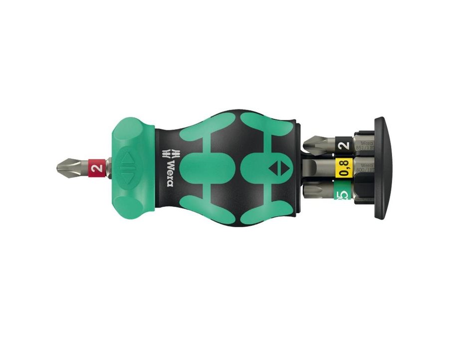 Wera Schraubendreher KK Stubby Magazin RA 2, innovative Ratschenmechanik ermöglicht "Zwirbeln", Farbkennzeichnung von Wera
