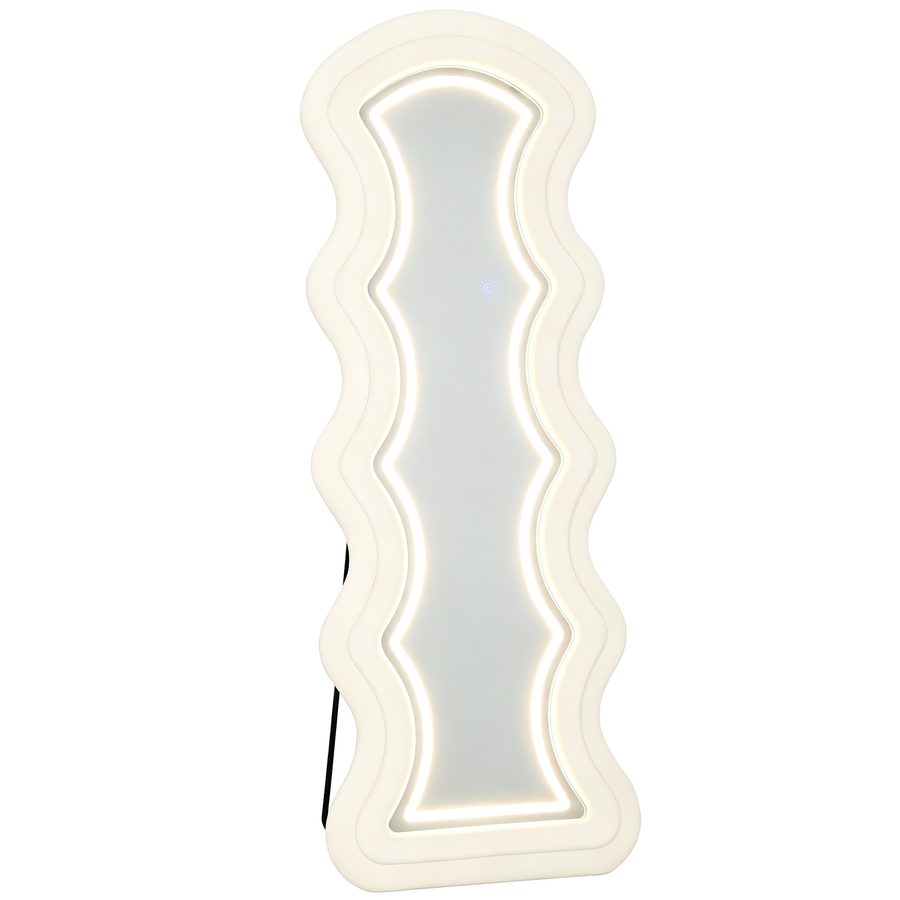 HOMCOM Wellenförmiger Ganzkörperspiegel 160 x 60 cm, Großer Standspiegel mit 3-Farb-LED, Samtoptik-Rahmen, HD-gehärtetes Glas, Hinstellbar, Aufhängbar oder Angelehnt, für Wohnzimmer, Schlafzimmer, Creme   Aosom von HOMCOM