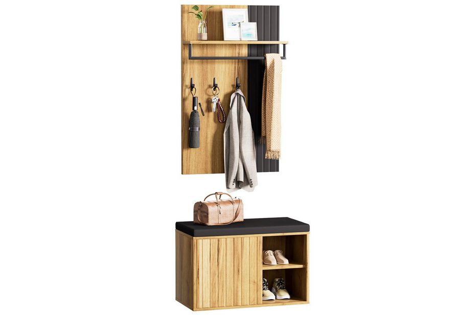 Yorbay Wandgarderobe Garderobenpaneel mit Haken und Ablage, optional mit Schuhbank (Garderoben-Set mit Schuhbank), Holzoptik Schwarz für Flur von Yorbay