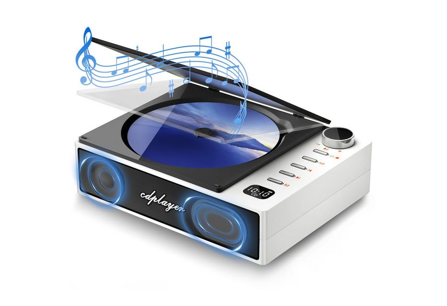 Fyrove Bluetooth, Anti-Skip, HiFi-Lautsprecher, USB-C tragbarer CD-Player (4,5h Akku, FM, Retro-Design) von Fyrove