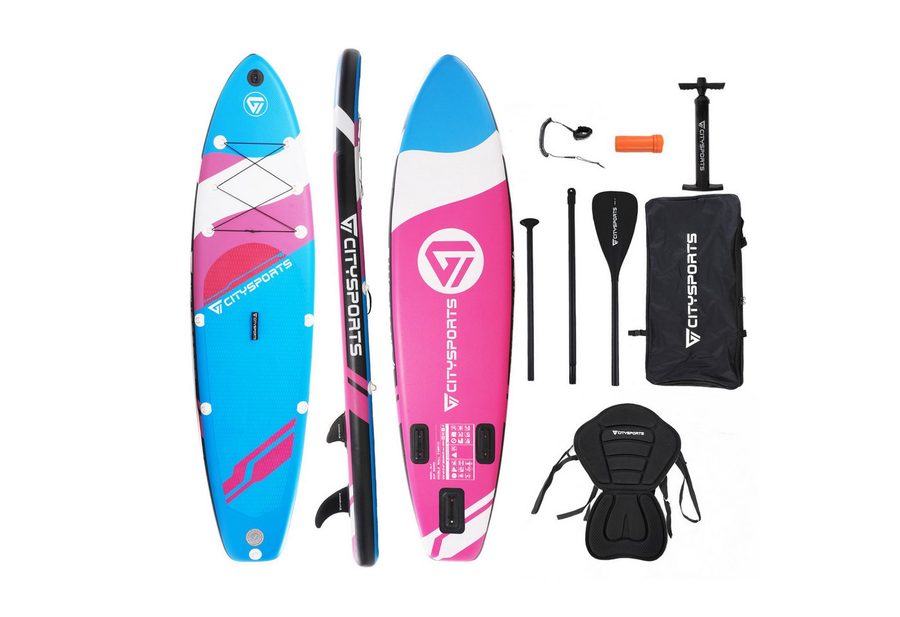 CITYSPORTS Inflatable SUP-Board aufblasbares Stand Up Paddle Board set bis 160/220 kg, Komplettset mit Paddel, Pumpe, Rucksack, Leash, Finnen & Kajak-Sitz von CITYSPORTS