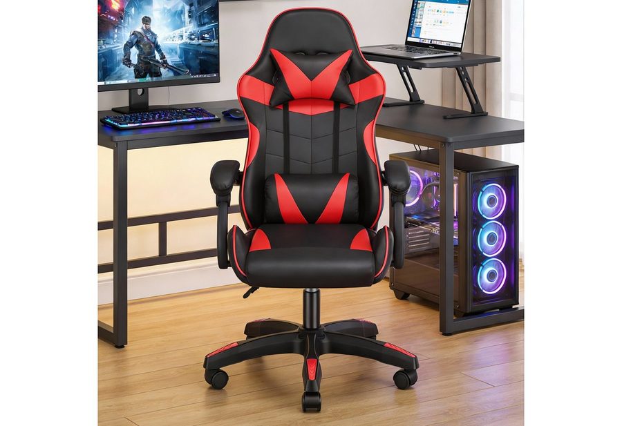 oyajia Gaming-Stuhl Gaming Stuhl, Bürostuhl Ergonomisch Wippfunktion bis zu 135° (mit Kopfstütze und Lendenkissen), Rückenlehne und Sitzfläche kippbar,Gamingstuhl mit Höhenverstellung von oyajia