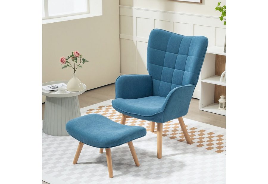 HOMCOM Relaxsessel Ohrensessel, Modern Armlehnensessel, Lesesessel, Schlafzimmer (Sessel mit Hocker, 2-St., Loungesessel), mit getuftetem Design, Cord-Optik, für Wohnzimmer, Blau von HOMCOM