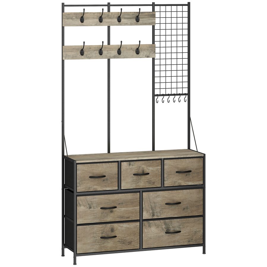 HOMCOM Garderobe 4-in-1, Garderobenmöbel mit 7 faltbaren Stoffschubladen, 14 Haken und Gitterpaneel, industrielle Garderobe für Flur, Eingang, Schlafzimmer, Wohnzimmer, Grau Holzoptik   Aosom von HOMCOM