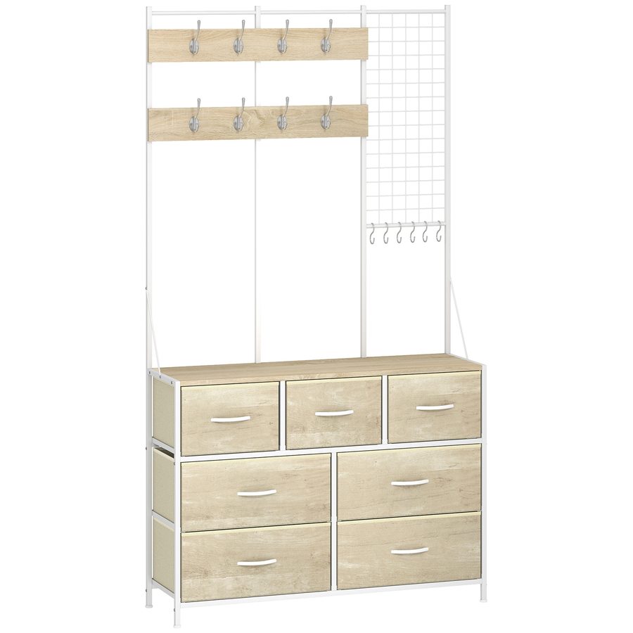 HOMCOM Garderobe 4-in-1, Flurmöbel mit 7 faltbaren Stoffschubladen, 14 Haken und Gitterpaneel, Industrielle Garderobe für Flur, Eingang, Schlafzimmer, Wohnzimmer, Eiche   Aosom von HOMCOM