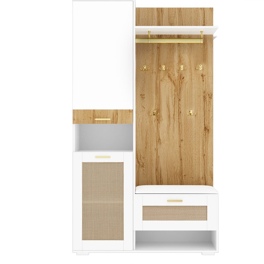 Garderoben-Set mit Spiegel und Sitzbank, LED-Beleuchtung, Wandgarderobe und 6 goldene Kleiderhaken, 110x38x190 cm, Weiß+Naturfarbe von GL Store