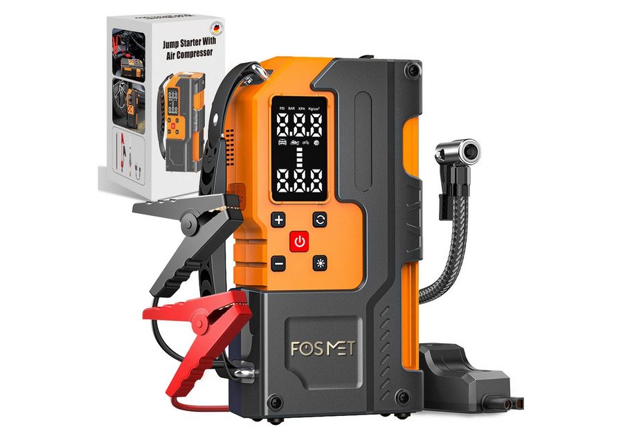 FOSMET 7000A 12V Starthilfe Powerbank mit 150PSI Kompressor & Smart-Klemmen Autobatterie-Ladegerät (26800mAh Starthilfe Powerbank für alle Benzin &10L Diesel mit USB & DC, Starthilfe Auto mit LCD Bildschirm und 800 Lumen Notlicht) von FOSMET
