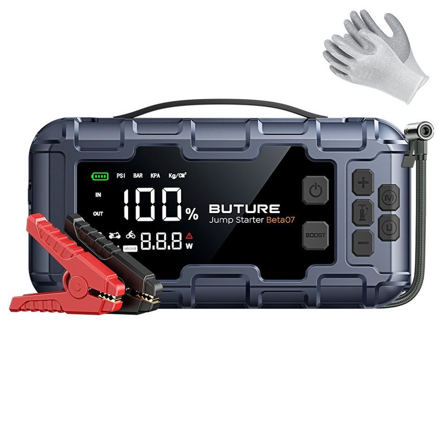 Buture 45W PD Schnellladung Starthilfegerät, 26800 mAh Powerbank, 6000A Starthilfegerät, 3-in-1 Powerbank, LED-Notlicht und 160 PSI-Reifenfüller, LCD-Display von Buture
