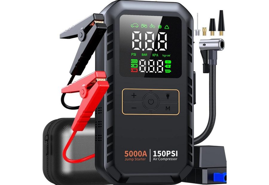 Athlix 4-in-1 Auto-Starthilfe mit Luftkompressor 5000A Auto-Batterie-Booster Starthilfegerät, 150 PSI Luftpumpe, 12.000 mAh Akku, LED Display von Athlix