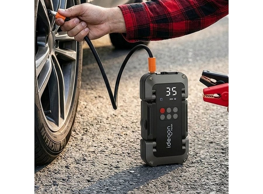 shop'n smile ideoon 2in1 Kfz-Starthilfe mit Kompressor 18.000 mAh, 3750A & 150 PSI LCD Starthilfegerät (Lade-Eingangsspannung (USB-C Input): 5 V DC (bei max. 3 A / 18 W) V), Multifunktions-Jump-Starter Benziner & Diesel 10L, USB-Powerbank, LED von shop'n smile ideoon