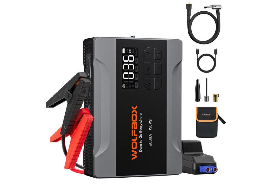 WOLFBOX 2000A Starthilfe mit 160 PSI Luftkompressor Starthilfegerät 10 mAh (12 V, 1 St), 37 Wh/10.000 mAh, LED von WOLFBOX