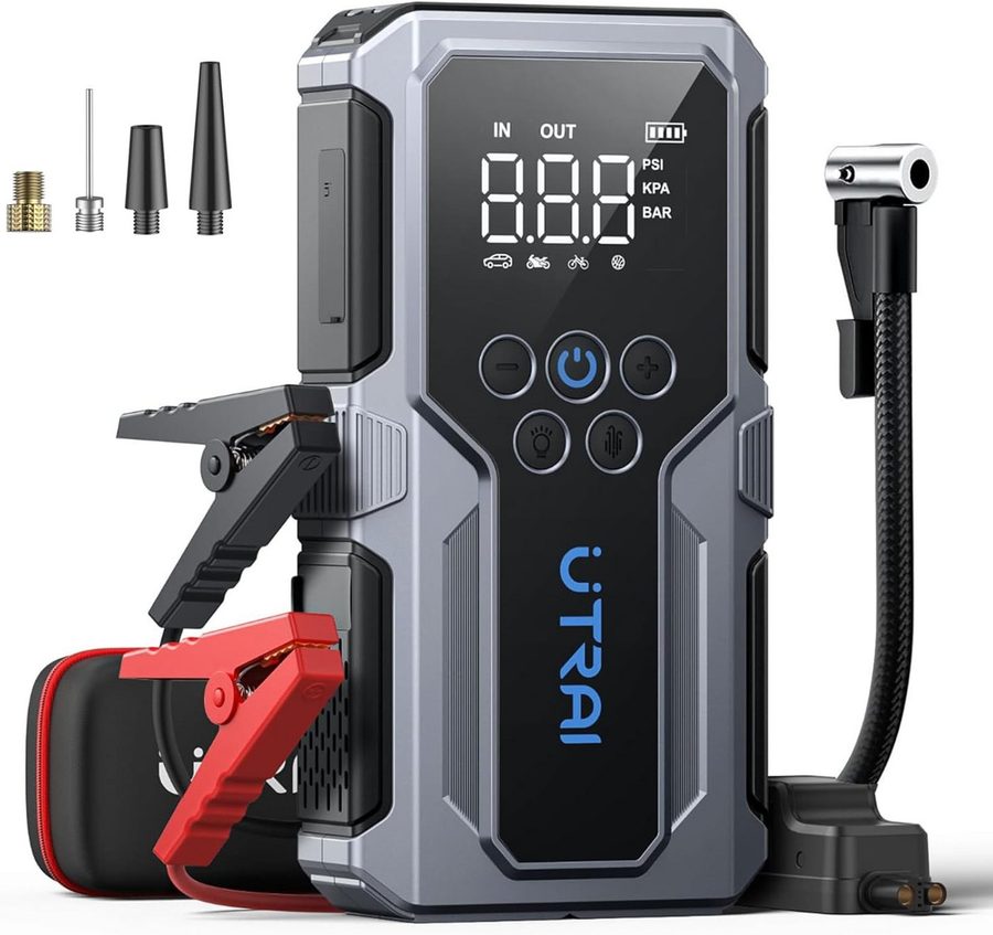 UTRAI 1500A Starthilfe Powerbank fürs Auto 15000 mAh, 18W Schnellladung Starthilfegerät, 150 PSI-Reifenfüller, 4-in-1 Powerbank mit 3 Leuchtmodi von UTRAI