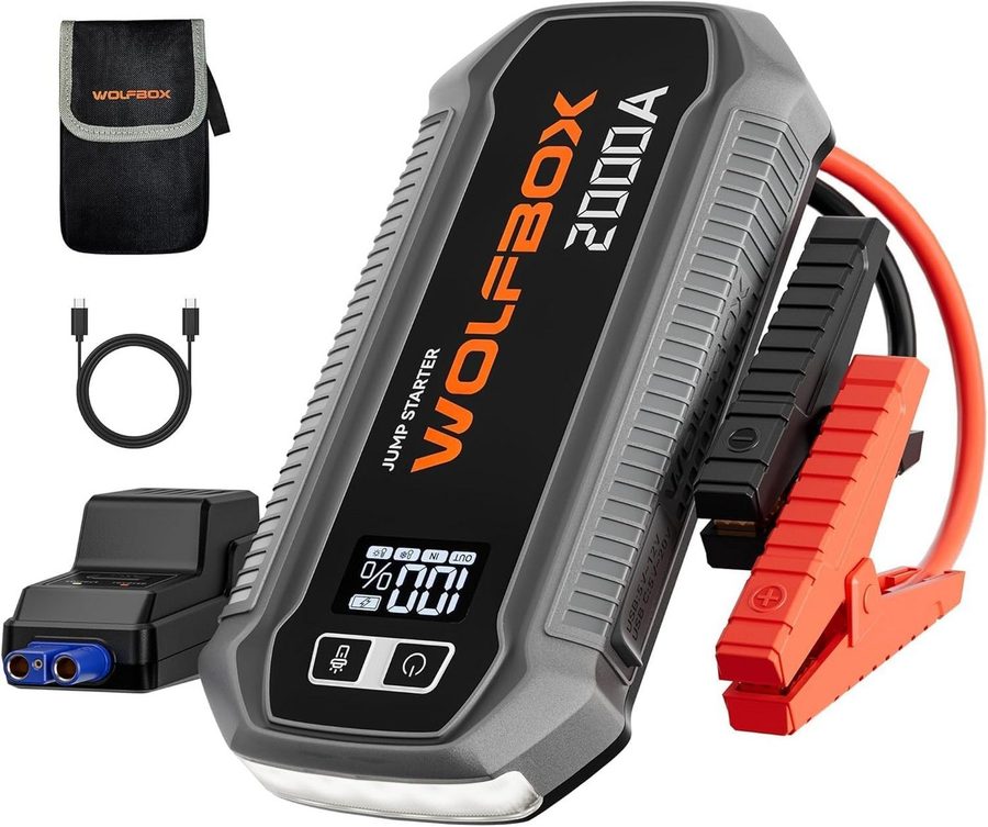 WOLFBOX 2000/4000 A Starthilfe, 12 V Auto Starthilfe mit LED Taschenlampe Starthilfegerät (12 V, 1 St), mit hochauflösendem LCD-Bildschirm von WOLFBOX