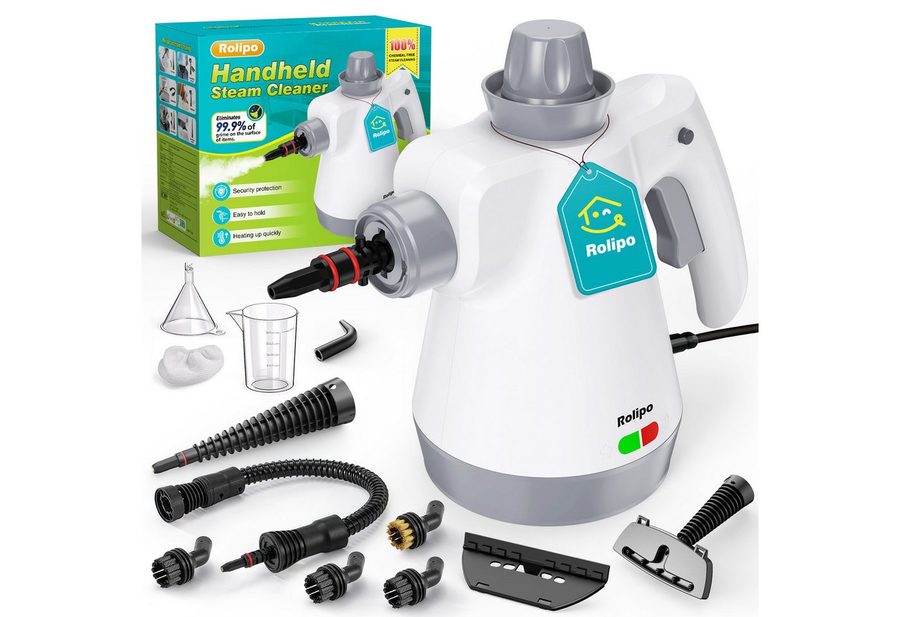 Rolipo Handdampfreiniger Dampfreiniger mit 12-Teiligem Zubehör, Steam Cleaner für Haushalt, 1050 W, für Haushalt, Küche, Bad, Fenster, Polster & Auto, 220-240V von Rolipo
