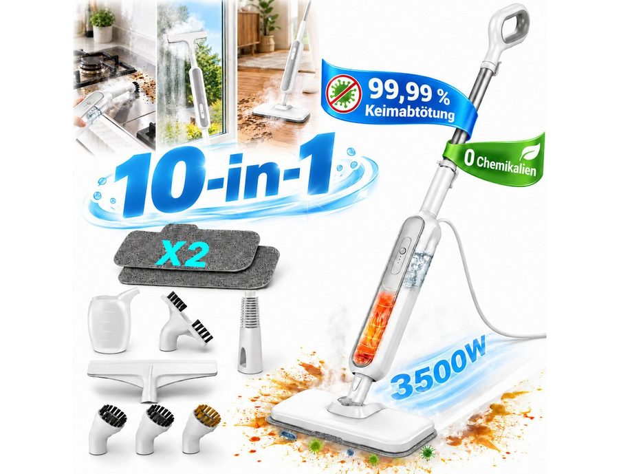 Forrlite Dampfreiniger Dampfreiniger,3500W Dampfmopp mit Handdampfreiniger Dampfbesen, 3500 W, abnehmbarem 3500W Steam Mop,10-in-1 Multifunktionszubehör,99,99% Keimabtötung,Dampfbodenreiniger,Dampfwischer für Böden und Teppiche, Steam Cleaner für Auto, Küche, Badezimmer, Fliesen, Fenstern von Forrlite