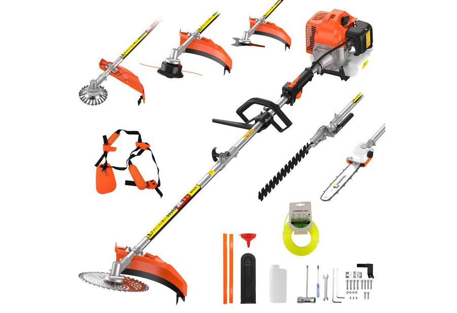 CONENTOOL Benzin-Motorsense 52ccm, 2,5kW Benzin Rasentrimmer, 25.5 cm Arbeitsbreite Messer, 43 cm Arbeitsbreite Faden, 6-in-1 Multifunktions, Rasenmäher, Heckenschere, Motorsäge in einem von CONENTOOL
