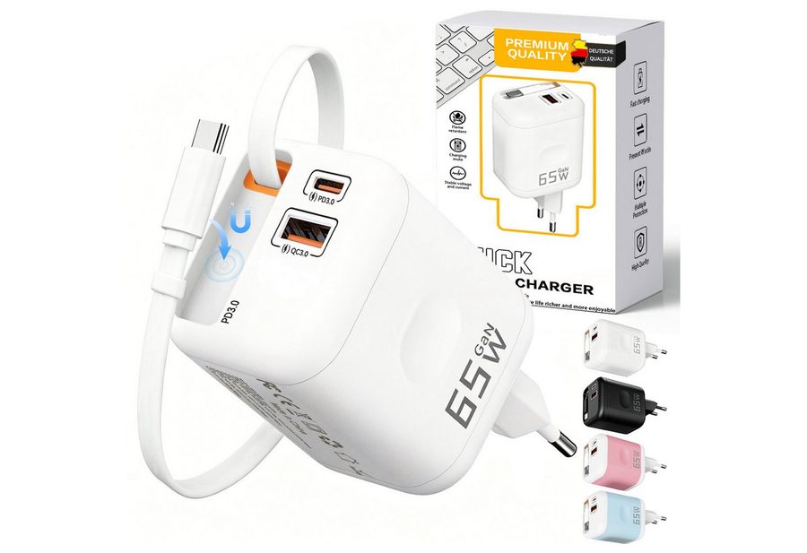 SWGOTA 2026 Neues 65W GaN 3-Port USB C Ladegerät mit Einziehbarem Kabel USB-Ladegerät (65W Schnellladegerät, 3-in-1 USB Netzteil, PD 3.0 Power Adapter, Unterstützt Super Fast Charging bei Einzelportnutzung) von SWGOTA