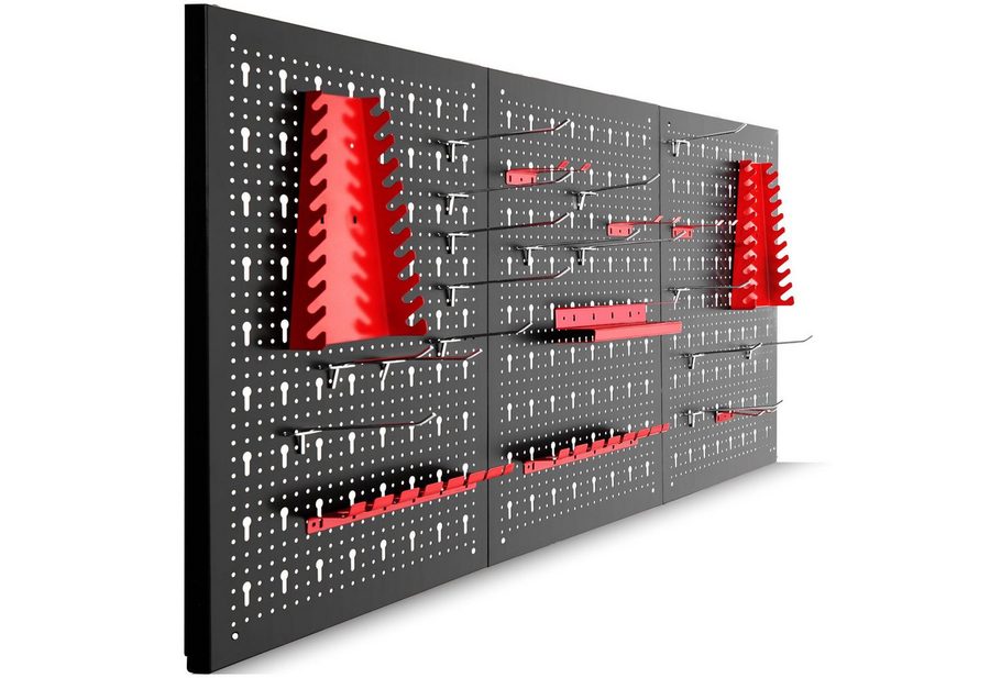 tectake Lochwand Werkzeugwand aus Metall 3-teilig 120x60 cm mit 25 Haken erweiterbar, (Werkzeughalterwand, 3-tlg., in Schwarz/rot), Belastbarkeit 4 kg pro Platte, einfache Montage, Inkl. Zubehör von TECTAKE