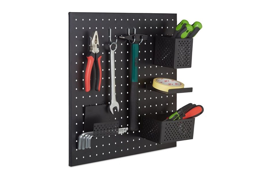 relaxdays Lochwand Werkzeugwand Metall mit Zubehör, 1 Stk., mit 4 Haken, (9-tlg) von RELAXDAYS