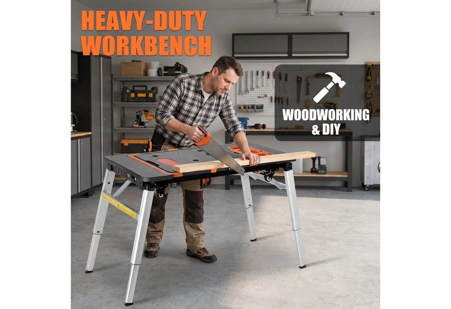 TLGREEN Werkbank für Haushalt DIY-Arbeitsplatz, Höhenverstellbar, (mit Integrierte Steckdose), 7-in-1 Tragbare Werkbank Klappbar, Arbeitstisch Mobile von TLGREEN