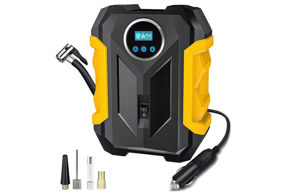 MOPUEA Elektropumpe Akku-Luftpumpe Elektropumpe Elektrische Mini Kompressor 12V (mit digitalem Reifendruckmesser, 150PSI, 1-tlg., LCD Bildschirm, 150PSI 12V mit 6000mAh), für Fahrrad, Motorrad, Auto, Als Taschenlampe und Powerbank von MOPUEA