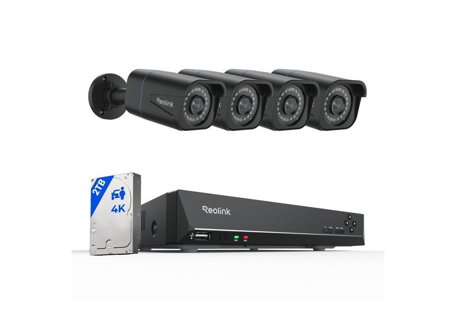Reolink Überwachungskamera 4K PoE Überwachungskamera Set RLK8-810B4-A (AuBenbereich, Innenbereich, 8CH 2TB HDD NVR,4X PoE IP Kamera, Personen-/Fahrzeug-/Tiererkennung) von Reolink