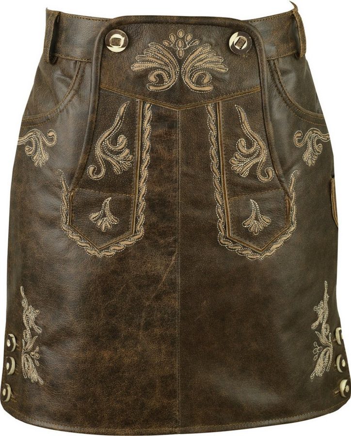 Fuente Leather Wears Lederrock Trachtenrock Mädchen kurz, Nappa-Leder, antik braun Latz Urige Hirschhorn-Optik von Fuente Leather Wears